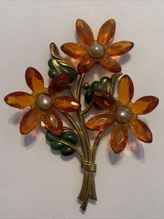 Vintage Amber Colored Lucite Flower Cluster Brooch Green Enamel Gold Tone Big