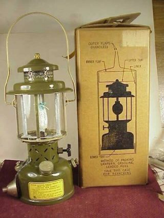 Vintage 1952 Coleman Lantern U.  S.  Military Gasoline Leaded Fuel - Box & Papers