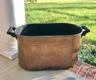 Antique Vintage Copper Boiler Cooker Wash Tub Planter Wood Handles 28 - 1/3” X 13”