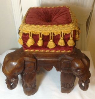Vintage Hand Carved Wood Elephants Foot Stool W/red Velvet Pillow Top