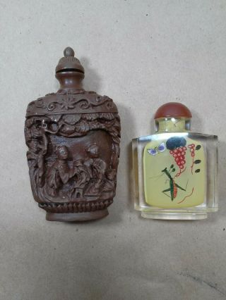 Incredible Vintage Asian Carved Stone? Snuff Bottle And A Painted Glass One