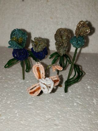 Vintage French Beaded Glass Bead Flowers Glass Beaded Leaves