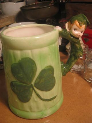 Vintage Green Ceramic Pixie Elf Beer Mug Cup Shamrock St.  Patrick 