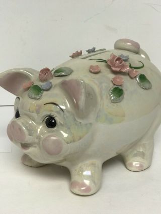 Vintage Lefton Ceramic Piggy Bank With Flowers Lustre Iridescent Glaze 2814