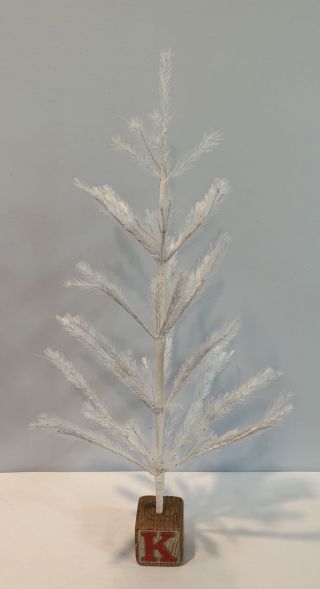 Antique White Feather Christmas Tree W/ Alphabet Wood Block Base 17 " Tall