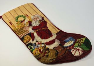 Vintage Needlepoint By Hand Embroidered Christmas Stocking Wool Velvet Santa