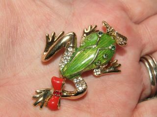 Vintage St.  John Gold Tone & Enamel Rhinestone Frog & Dragonfly Pin Brooch