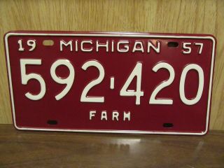 420 Vintage 1957 Michigan Farm License Plate Tag 592 - 420