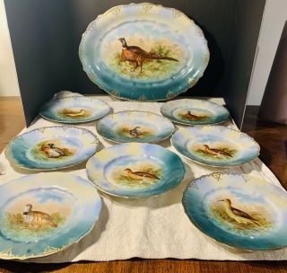 Antique German Hand Painted Game Set 8 Plates,  Large 17 " Platter W/ Gold