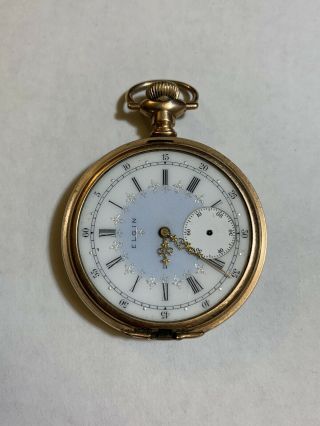 1905 Antique Elgin Blue Dial 16s 17 Jewel Gold Filled Fancy Pocket Watch