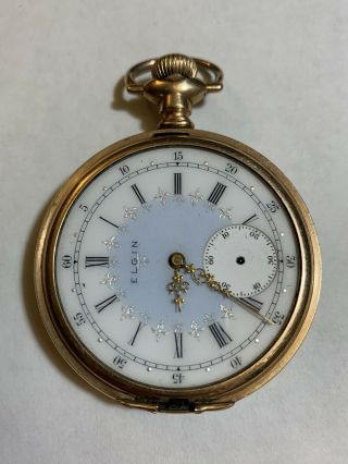 1905 Antique ELGIN Blue Dial 16s 17 Jewel Gold Filled Fancy Pocket Watch 2