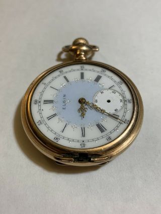 1905 Antique ELGIN Blue Dial 16s 17 Jewel Gold Filled Fancy Pocket Watch 3