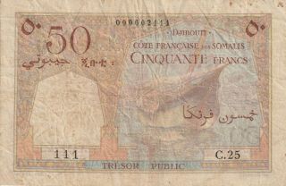 Vintage Banknote French Somali Coast Djibouti 1952 50 Francs Pick 25