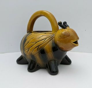 Unusual Vintage Ceramic Yellow & Black Bumble Bee Pitcher Watering Can Planter