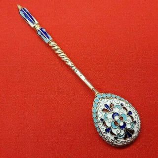 Antique Russian Cloisonne Enamel Silver Spoon Marked " 84 " And " Ak "