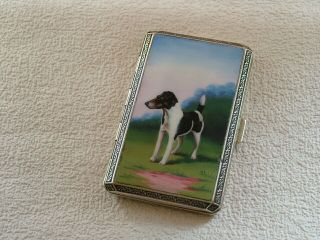 Vintage Enamel Silver Cigarette Case.  Enamel Dog Card Case.