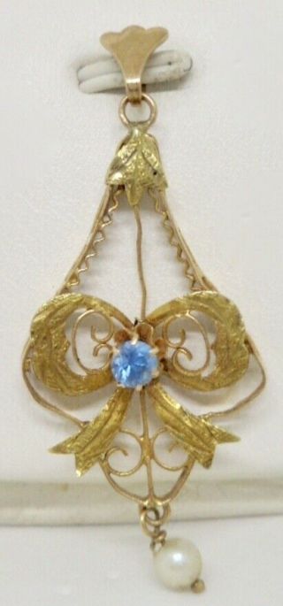 Antique 14k Yellow Gold Blue Stone & Cultured Pearl Fancy Lavaliere Pendant
