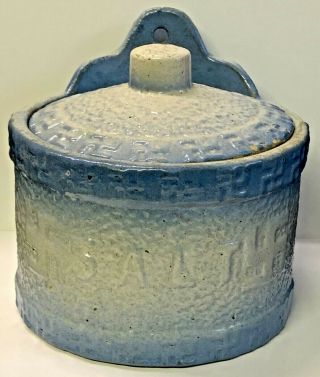 Antique Stoneware Good Luck Swastika Salt Crock Blue & White Wall Box W/ Lid
