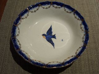 Vintage Flow Blue Style Bluebird China 8 " Serving Dish Bowl Blue Bird