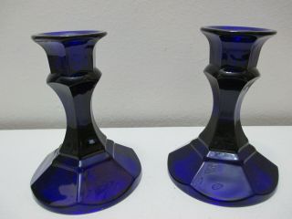 Vintage Indiana Glass Candle Stick Holders Pair Cobalt Blue 4 1/8 " Tall