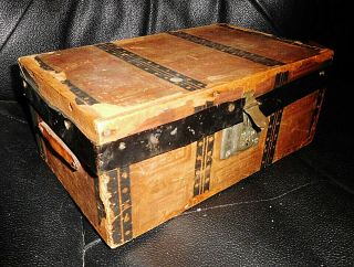 Vtg 10 " Paper Wood Box Case Mini Trunk Metal Band Doll Furniture Salesman Sample