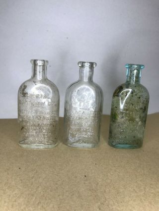 3 Vtg Thomas Edison Embossed Battery Oil Bottles Bloomfield,  Nj Clear Blue Glass