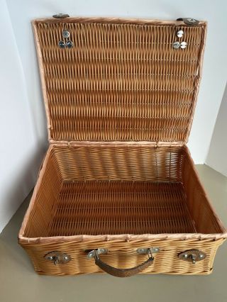 Vintage Wicker Suitcase Style Picnic Basket Storage Container Top Handle & Strap