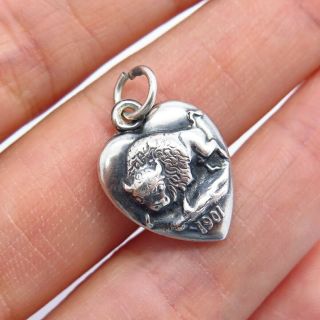 Antique Victorian 925 Sterling Silver Repousse Bison Puffy Heart Charm Pendant