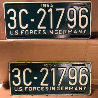 U.  S.  Forces In Germany License Plate 1953 (3c - 21796) Rare To Find A Pair -