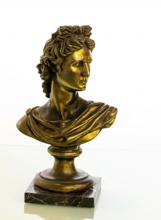 Antique Art Deco Period Cast Bronze Bust Of Apollo On Marble Base