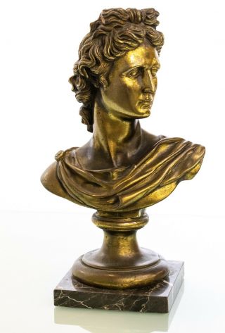 Antique Art Deco Period Cast Bronze Bust of Apollo on Marble Base 2
