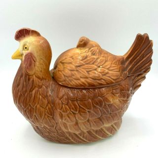 Vintage Hen Baby Chick Chicken Cookie Jar Fapco Fredericksburg Pottery Usa