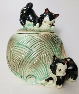 Vintage American Pottery Cookie Jar Figaro Black Cat On Ball Of Yarn Antique