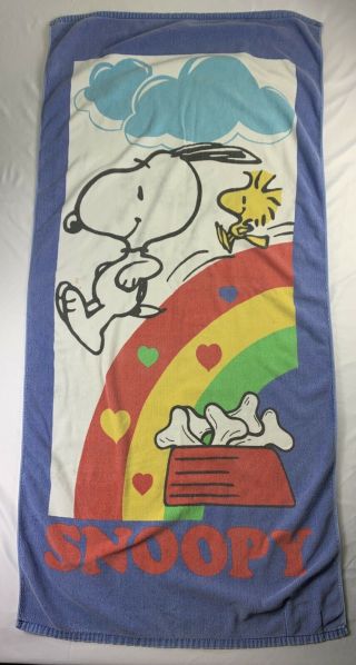 Vintage Peanuts Snoopy Woodstock 1958 1965 Franco Mfg Beach Towel Rainbow Heart