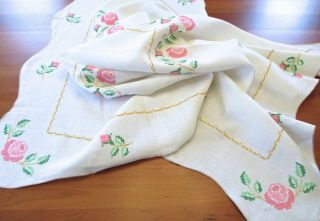 Vintage White Linen Tablecloth Cross Stitch Embroidery Pink Green Yellow 66 " X48 "