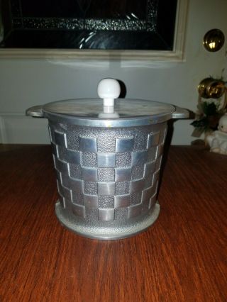 Vintage Mid Century Pewter Silver Ice Bucket Clear Lid Weave Design