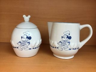 Gourmet Mickey Mouse Chef Ceramic Sugar & Creamer White & Blue Set Vintage 2003