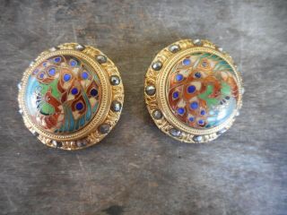 2 Antique Gilt Coat Buttons W Cloisonne Enamel Peacocks & Cut Steel Border
