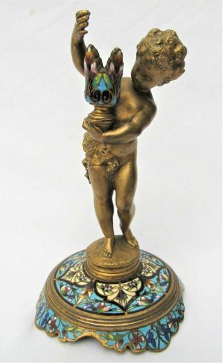 Antique French Gilt Bronze Ormolu Champleve Enamel Cherub Candle Holder