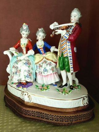 Antique Volkstedt Dresden Figural Group Porcelain Brass Music Box 1900s