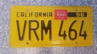 1956 California License Plate,  1961 Validation Sticker,  Single,  Nm