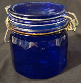Vtg Cobalt Blue Glass Jar Canister 12 Sided Wire Hinge Lid Cool Defect Inside 4 "