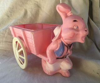 Vintage Easter Bunny Rabbit Pulling Wagon Cart - Pink Plastic Blow Mold