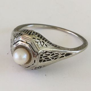 Antique 14k White Gold Filigree Dome Cultured Pearl Ring Vintage Sz 7