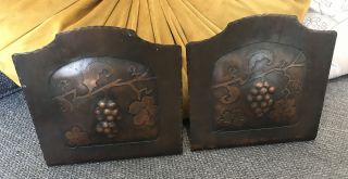 Hand Hammered Arts And Crafts Copper Bookends With Grapes