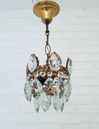 Antique Vintage Brass & Crystals French Small Chandelier Lighting Ceiling Lamp