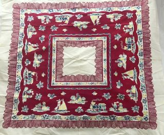 Vtg Mcm Table Cloth Cottage Kitchen 50s Chic Red White 50”x45” 50s Cotton