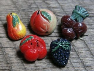 Set Of 5 Vintage Painted Glass Realistic Fruit Buttons