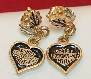 Vintage Estate 10k Gold Harley Davidson Earrings Drop Dangle Signed Black Hills