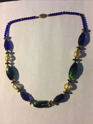 Vintage Handmade Venetian / Murano Glass Bead Necklace.  Blue,  Gold And Green.